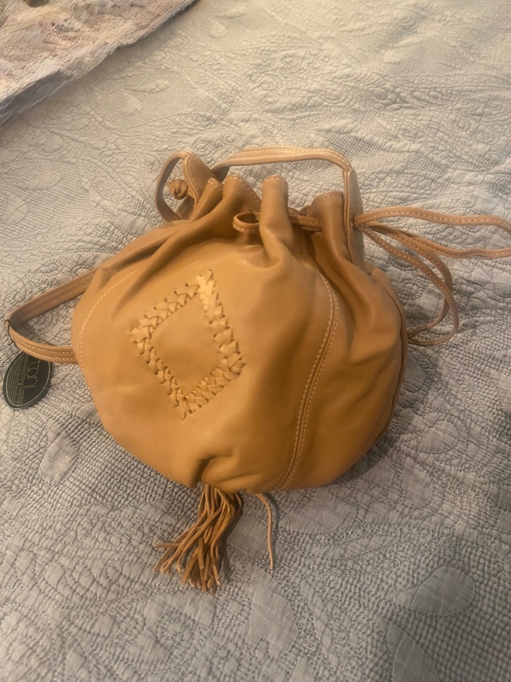 NWT Vintage Toni Leather Ball Bag with Tassels and in Tan with Drawstring Tie